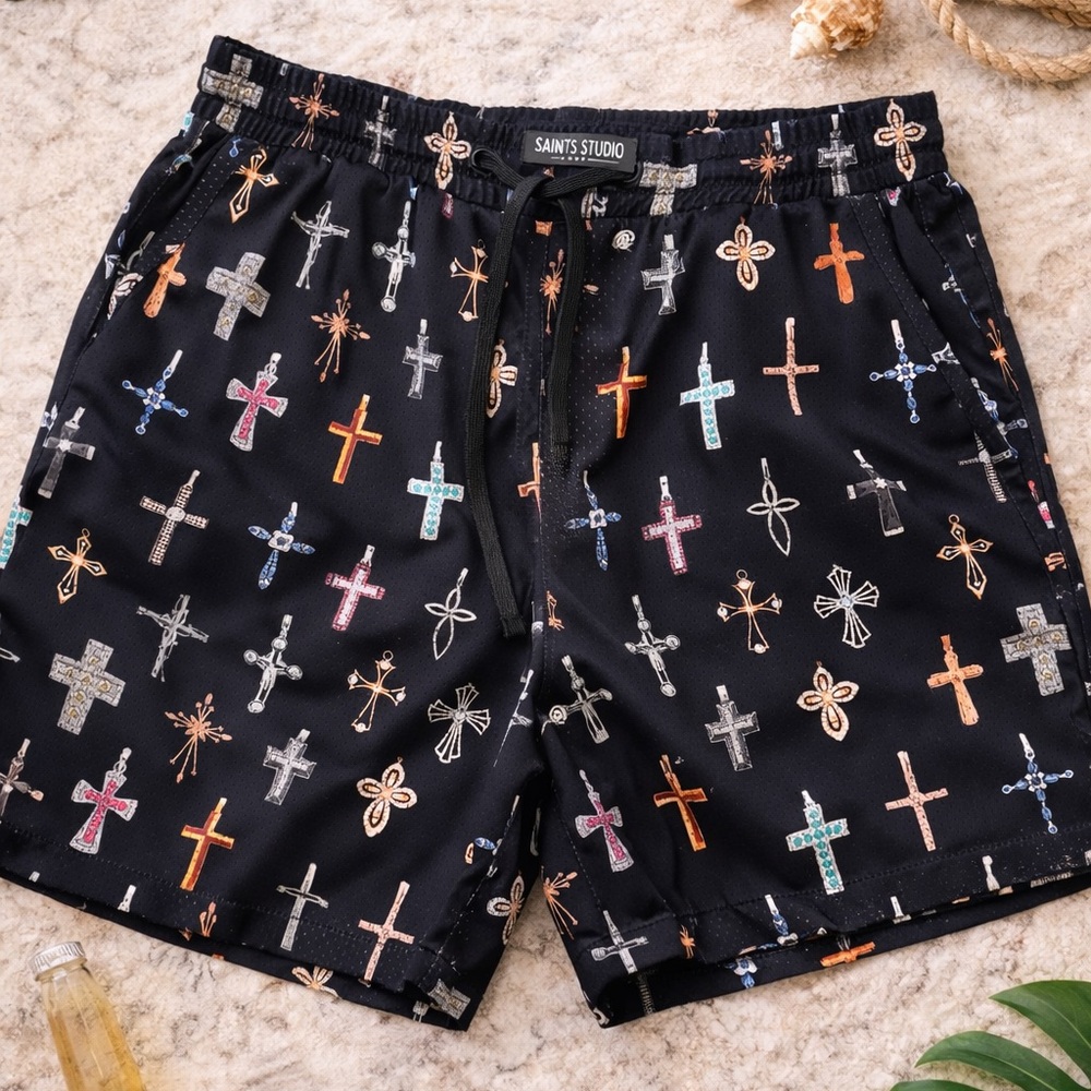 Black Cross-Print Athletic Swim Shorts